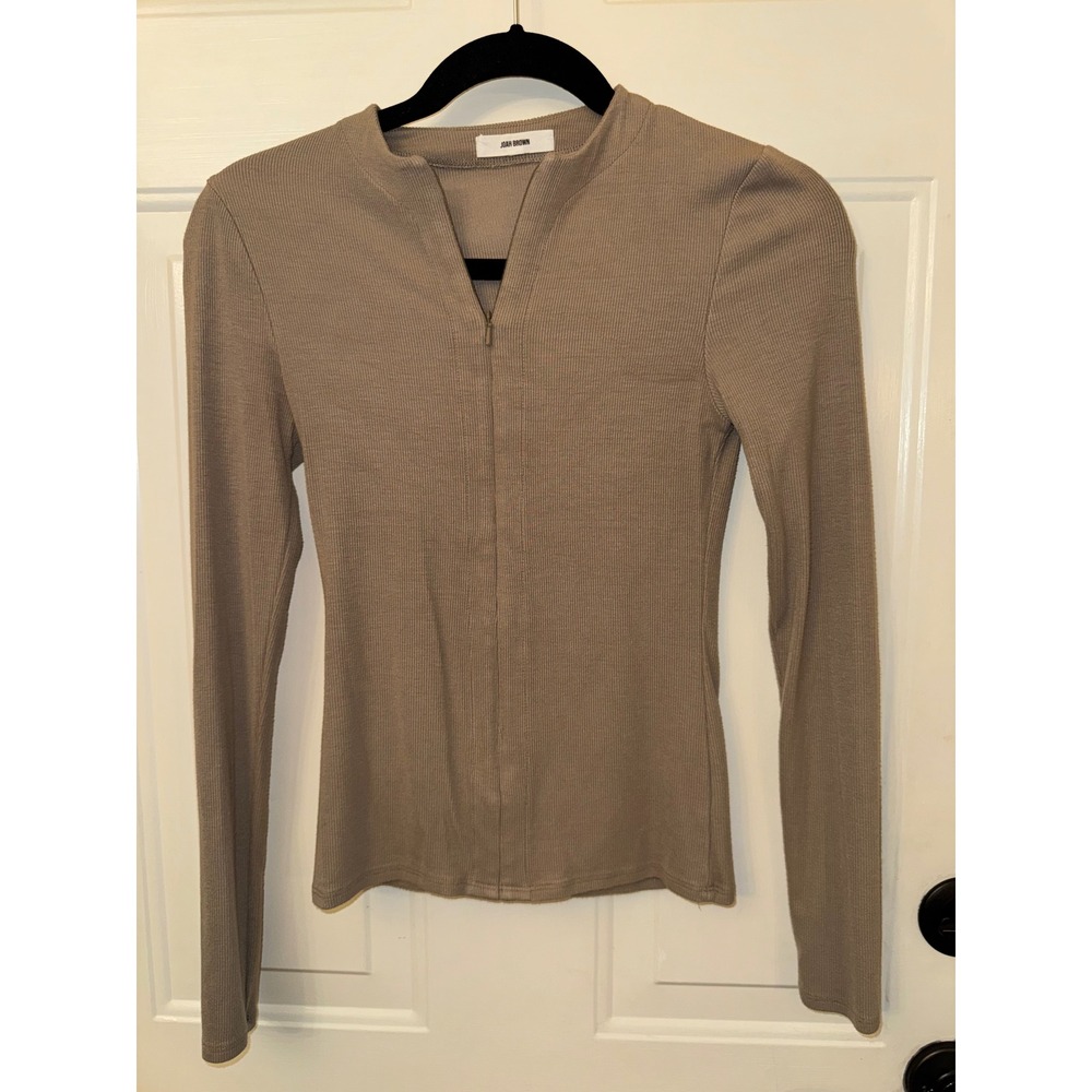 Joah Brown Taupe Ribbed Half Zip Long Sleeve Top XS/S Made in USA